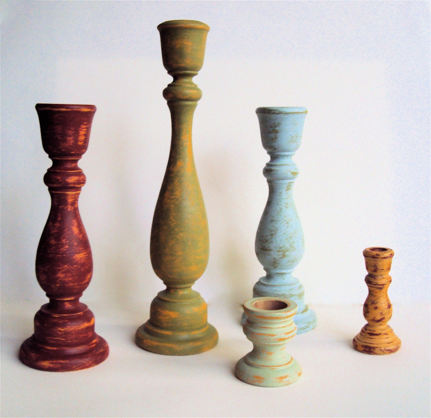 Shabby Distressed Wooden Candlesticks Set Rustic Wood Candle