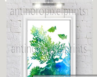 Watercolor Navy Green Turquoise Digital Illustration Bath / Beach House Prints Wall Art (1) Print - 8x10 Prints -  (UNFRAMED)