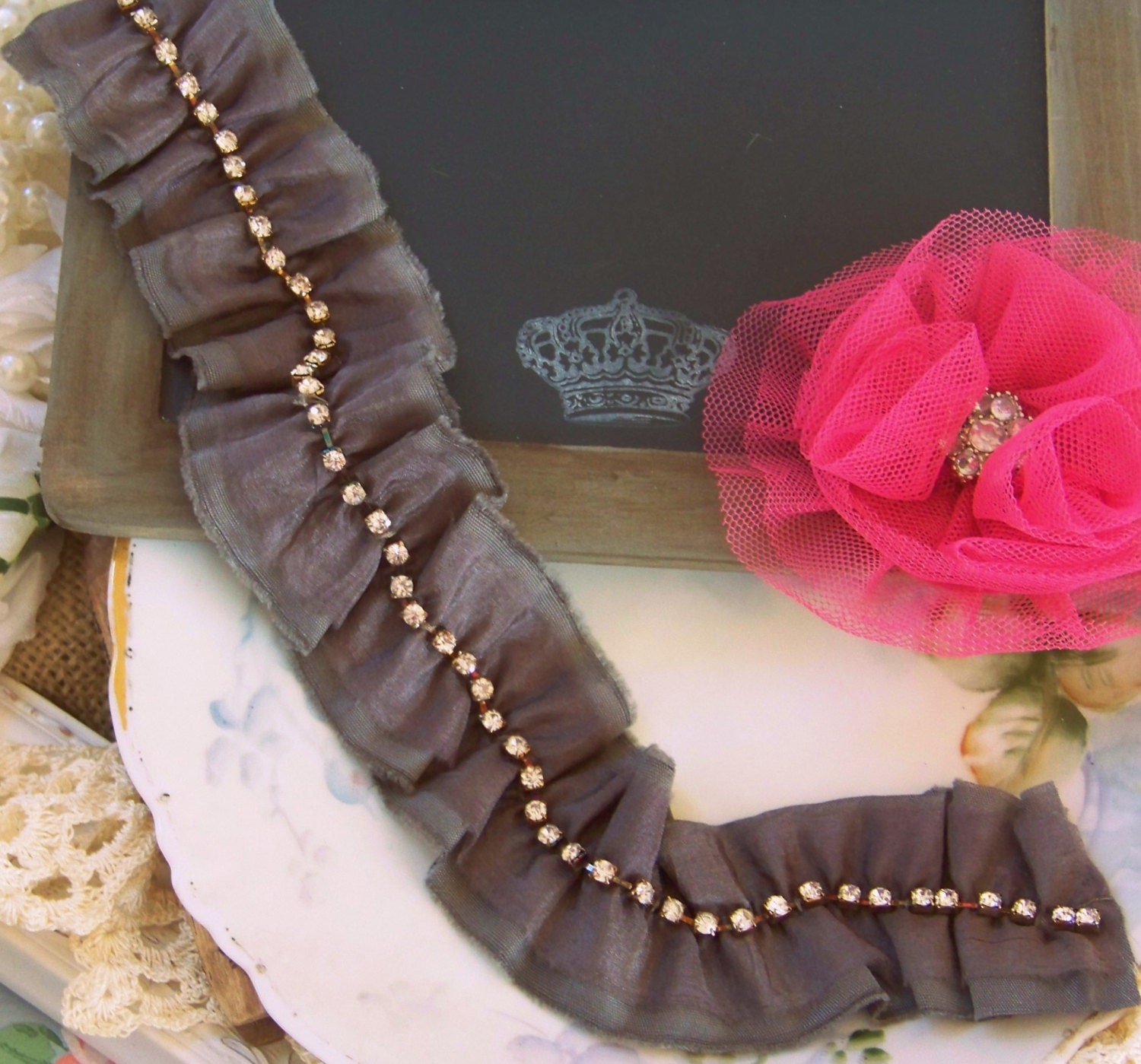 Ruffled Rhinestone Ribbon, Dark Gray, Ruffles, Ruffled Ribbon, Romantic