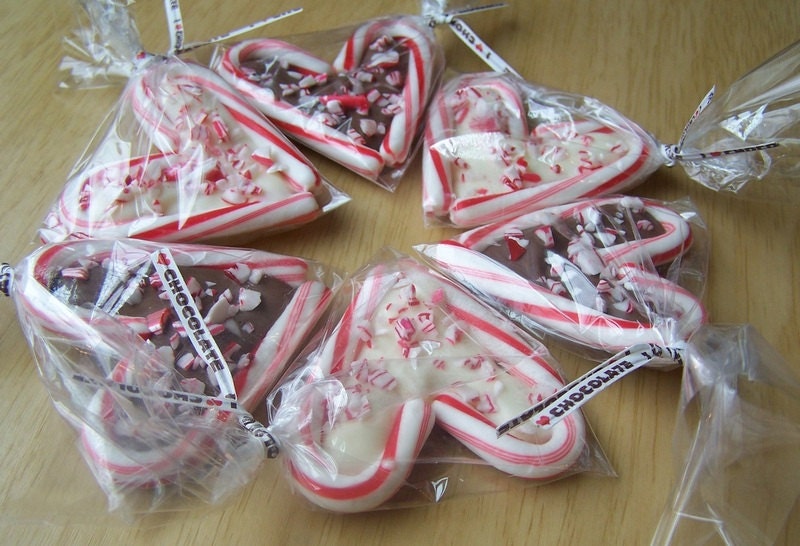 Peppermint chocolate filled candy cane hearts favors