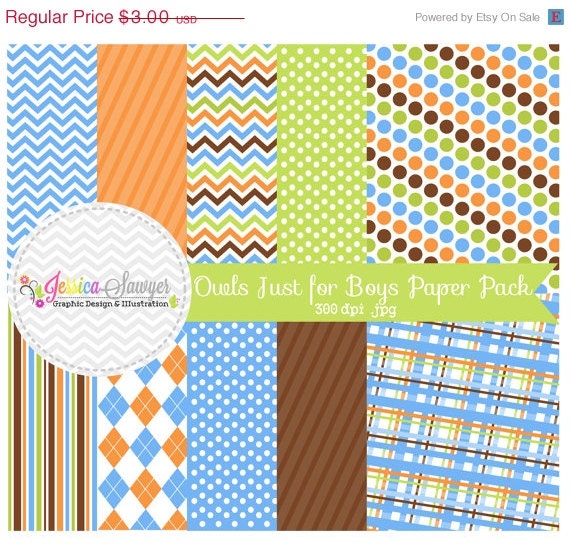 50% OFF - INSTANT DOWNLOAD, boy owl digital paper, blue and green, printable background, commercial use, chevron paper Il_570xn
