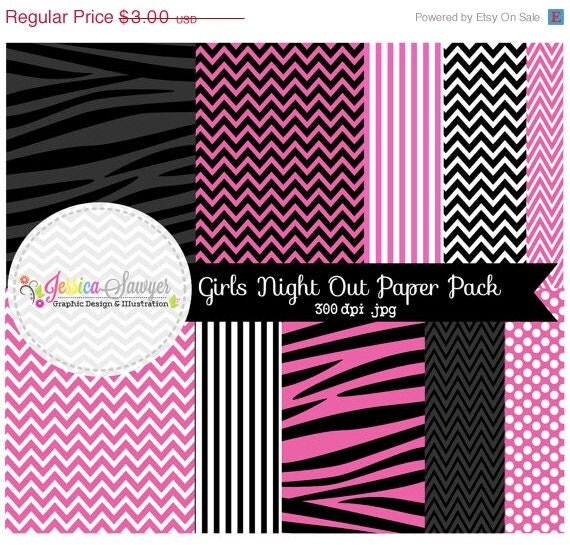50% OFF - INSTANT DOWNLOAD, girls night out digital papers, hot pink and black backgrounds, invites, scrapbooking, card making Il_570xn