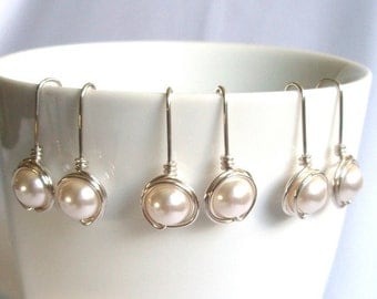 Bridesmaid White Pearl Set, Dangle Earings, Wire Wrapped Jewelry Handmade, Swarovski Pearl Earrings, Sterling Silver Wedding Jewelry