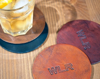 Personalized Leather Coaster Set, Leather set of Coasters, Custom Coasters, Man Cave, Wedding Gift, Groomsmen Gift