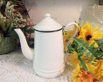 Vintage Graniteware Tea Pot White Rustic Primitive Small B165