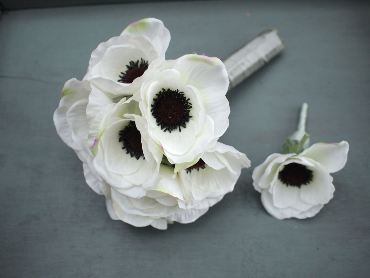 White Silk Anemone Bridal Bouquet and Grooms by LindenFlowers