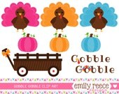 50% OFF - Thanksgiving Turkey Pumpkin Wagon Gobble Cute Clip Art - Commercial Use - Scrapbooking Invitations Cards - Instant Download Il_170x135