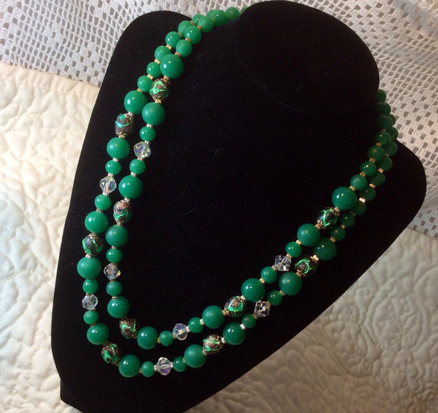 Vintage Green Glass Beaded Necklace Double Strand Crystals