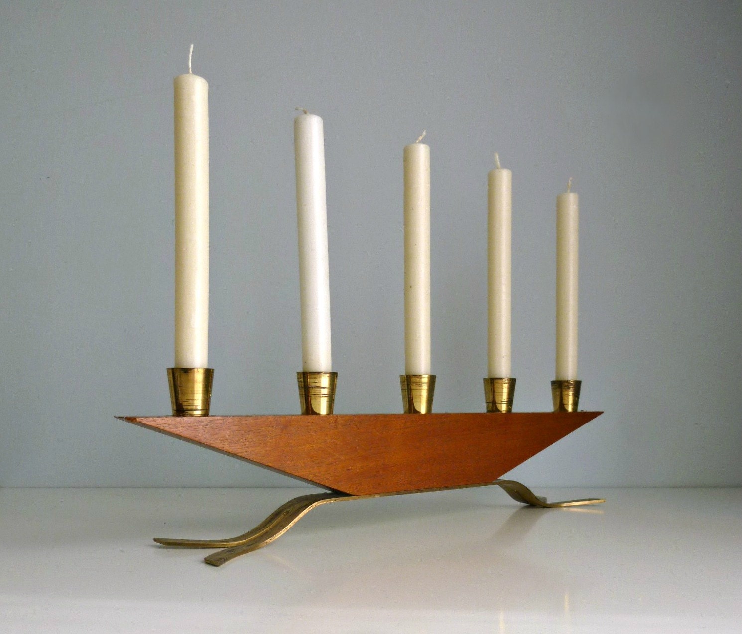 Mid Century Modern Candle Holder Teak Brass by mungoandmidge