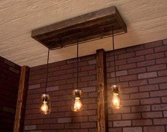 Pendant Light/ Rustic wood chandelier, Mason Jar Chandelier With Reclaimed Wood and 3 Pendants. R-1434-CMJ-3