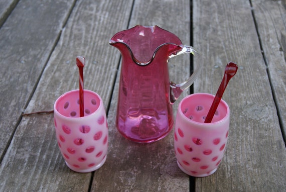 Collectible Mix And Match Cocktails For Two Cranberry And White Pitcher Two Stir Sticks And Two Fenton Coin Dot Barrel Shaped Tumblers