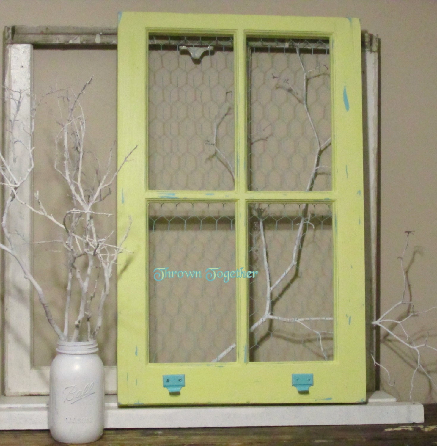 Vintage Window Frame Distressed Yellow & Aqua by ThrownTogether