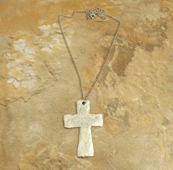 Cross Free Chain Necklace  hammered  Link Charm on Hammered Pewter Large   charm cross  a