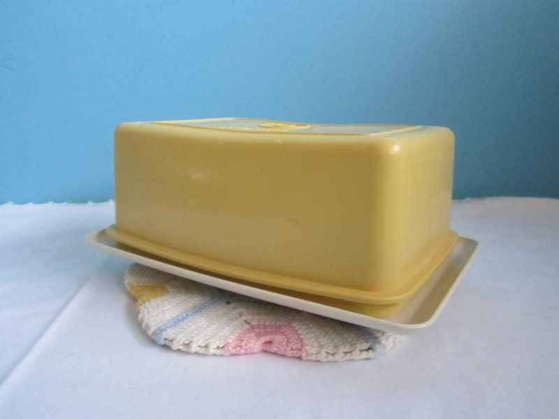 Vintage Tupperware Gold and Almond Butter Dish Cheese Keeper Butterdish