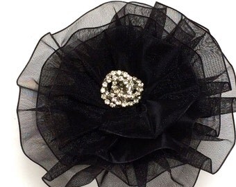 Black Magnetic Brooch, Black Flower Magnetic Scarf Pin, Rhinestone Brooch