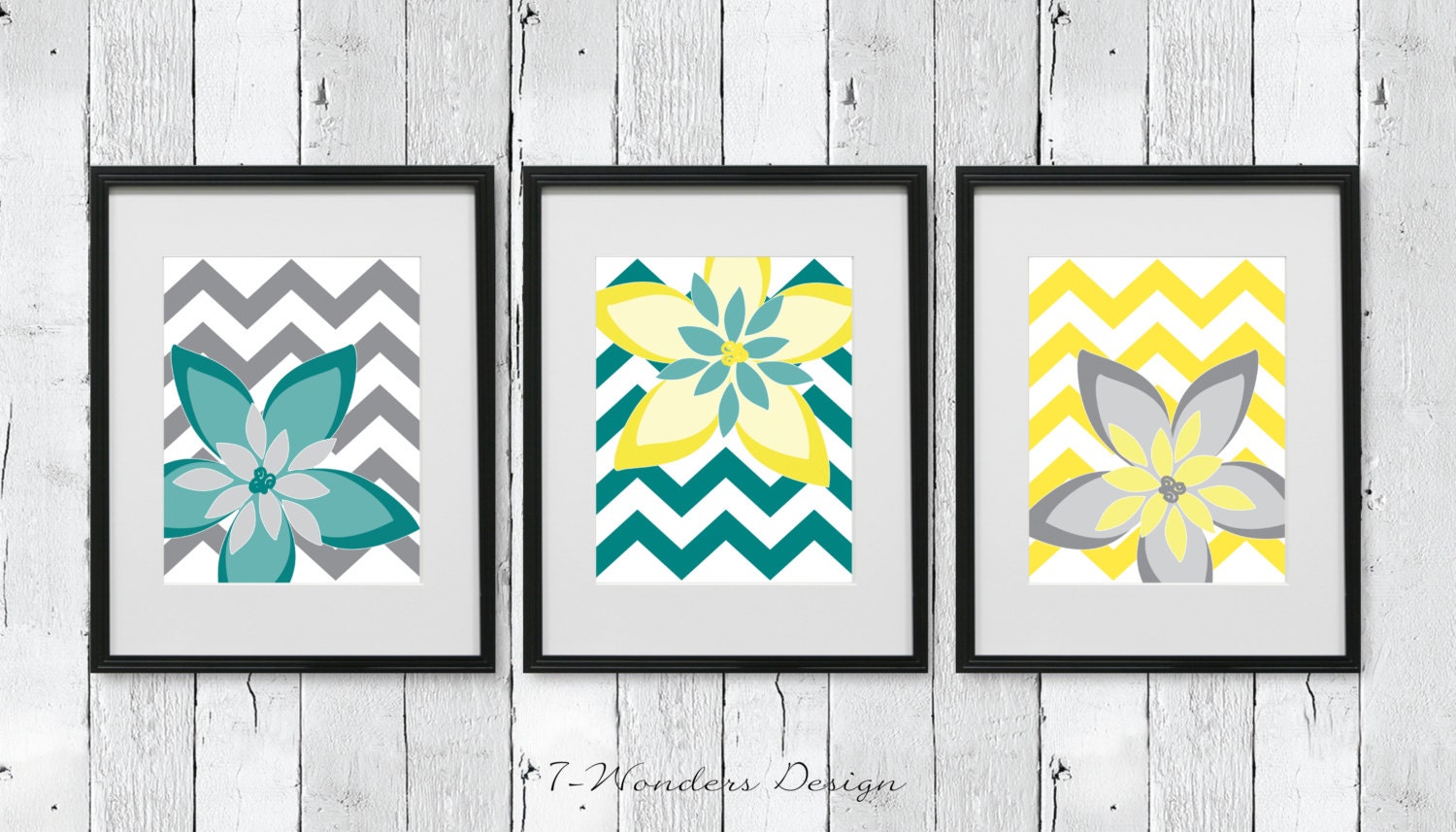 Modern Floral Teal Grey Yellow Wall Art Abstract Digital Fine