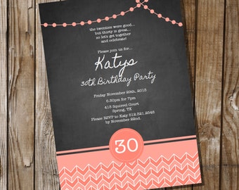 Chalkboard Birthday Invitation with Coral - 16th 30th 40th 50th 60th birthday invitation - Instant Download and Edit with Adobe Reader