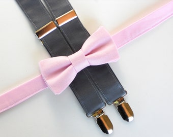 Pink bow tie and suspenders set, boys bow tie and suspenders, ring bearer outfit, boys photo prop, toddler bow tie and suspenders