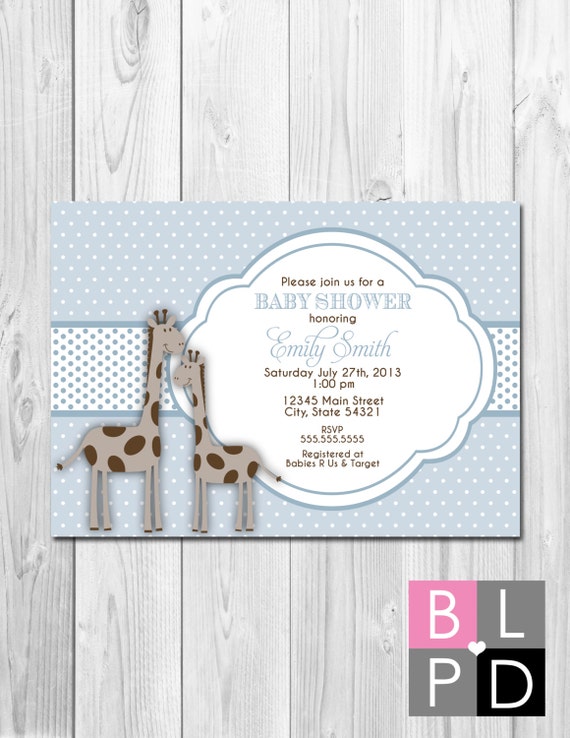Little Giraffe Baby Shower Invitation - Brown and Blue - Polka Dots - DIY - Printable Il_570xn