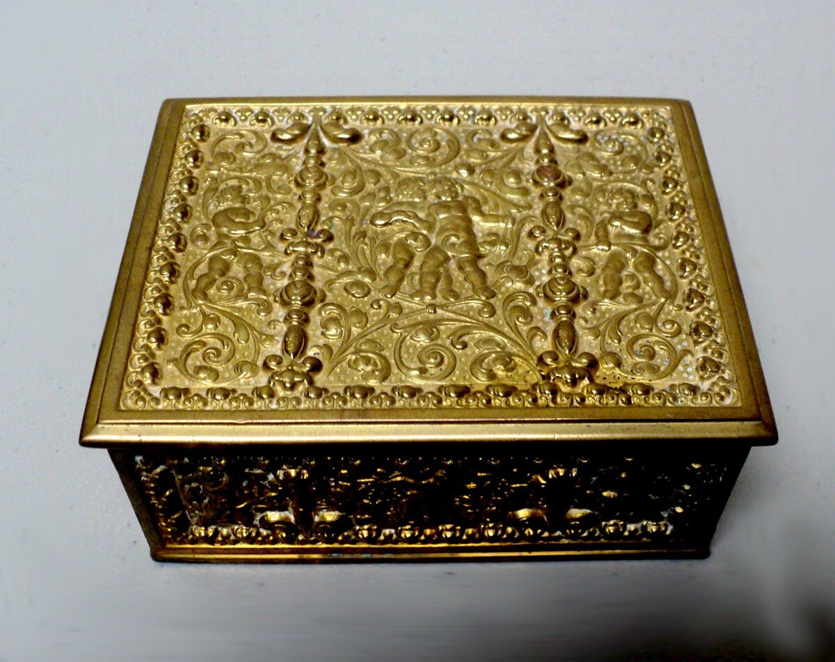 Vintage Brass Rococo Jewelry Ciggarette Casket Desk Box