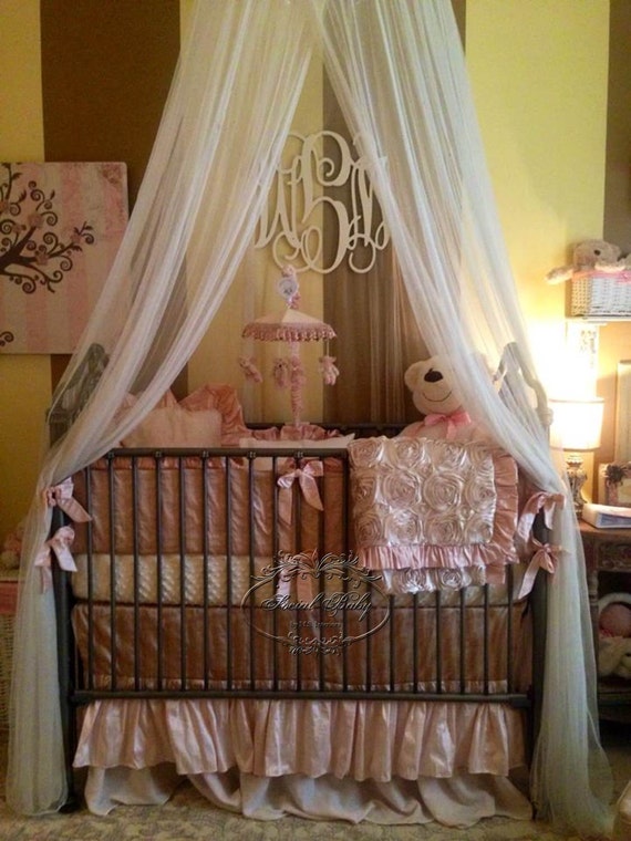 Taupe and Pink Silk Baby Bedding 2 skirts bumpers and sheet