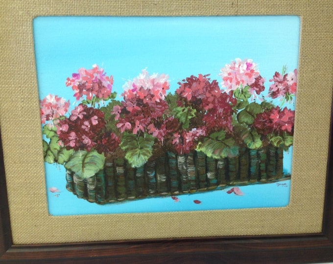 Geranium Basket - Acrylic on Canvas - Solid Wood Frame - Burlap Matte