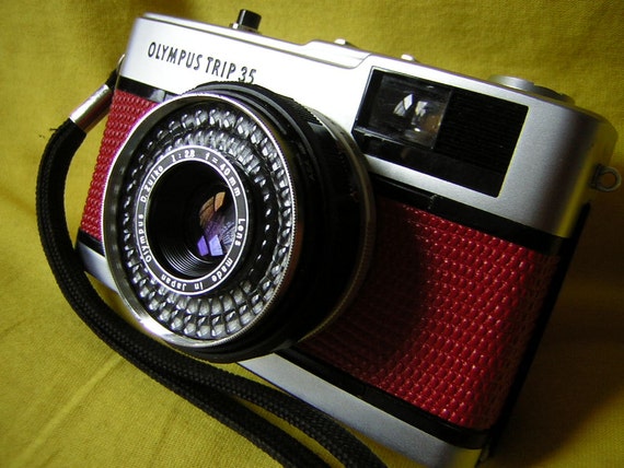 Olympus Trip 35 film camera -- rare red lizard effect covering -- fully refurbished -- original box