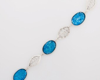 Leaf 925 Sterling Silver Bracelet Ancient Roman Glass Unique Jewelry