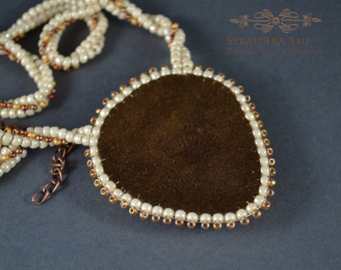 Jasper in the skin necklace beadwork gift for her stone jasper leather jasper necklace brown necklace beads necklace medallion stone