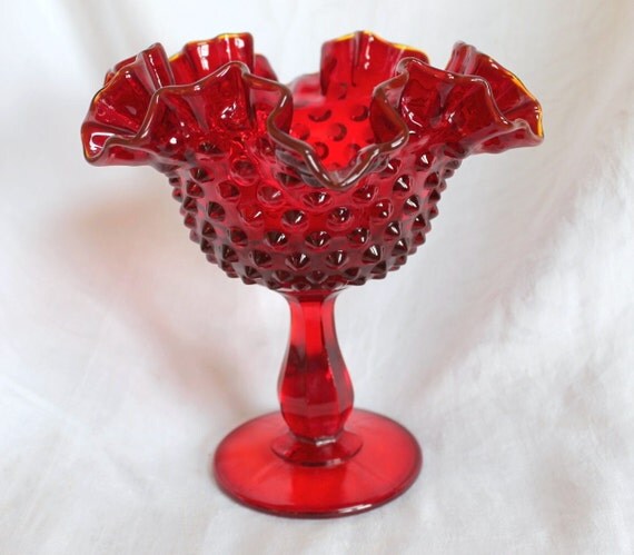 Stunning FENTON AMBERINA Hobnail Compote Bowl with Double Crimped Top - Vintage Art Glass - Ruby Red and Yellow Rim