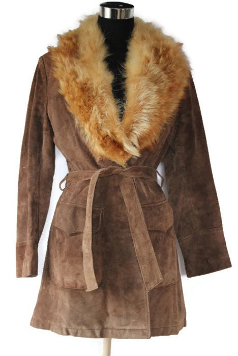 Vintage leather Suede Jacket 70s Fox Fur Collar Suede Wrap