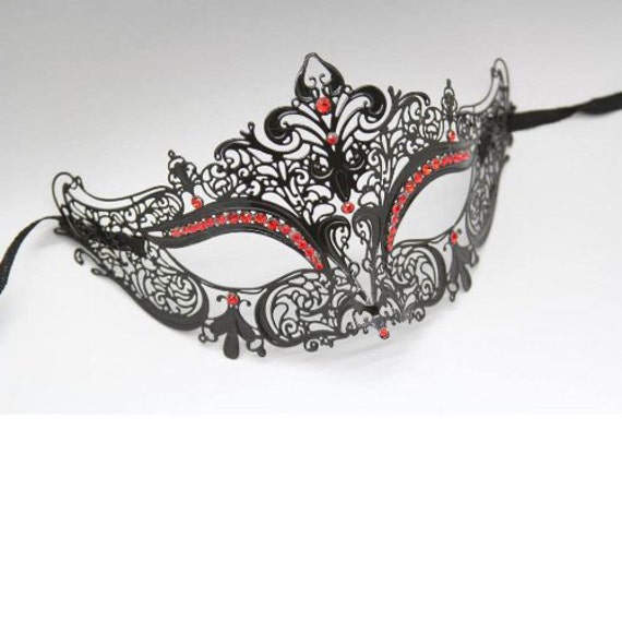 Black Venetian Laser Cut Mask with Red Rhinestones Beautiful