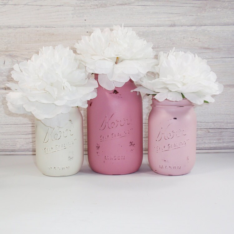 3 Hand Painted Mason Jars Flower VasesCountry