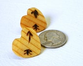 Recycled Hearts Wooden Earrings Burned Arrows One of a kind up-cycled jewelry