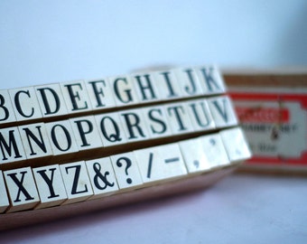 Large alphabet rubber stamp set, vintage wooden capital letter stamps. Crafting scrap booking card making craft. 1980s retro office supplies