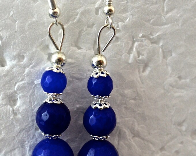 Sapphire Bead Dangle Earrings, 2.5 Inche Long, Natural Sapphire Beads, Sterling Silver metal E584