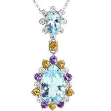 Pear Blue Topaz & Assorted Gemstone Diamond Pendant Necklace 14k White ...