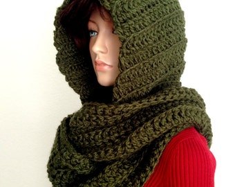 Crochet hooded Scarf. dinosaur Chunky  Hooded Green crochet pattern Scoodie. scarf Winter Green Scarf Hooded