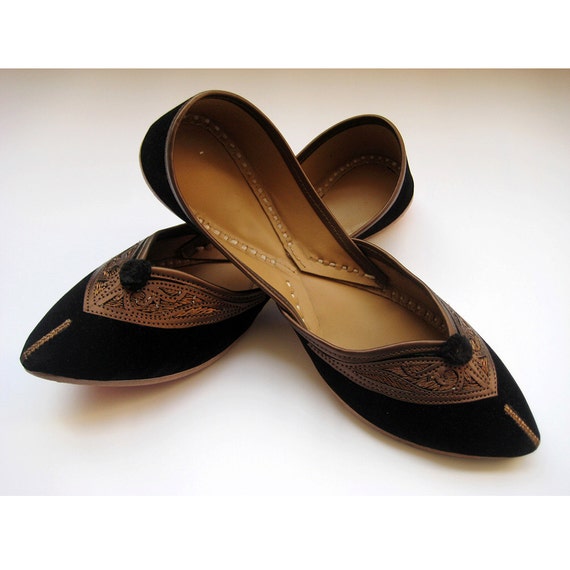 Black Flats/Ethnic Shoes/Velvet Shoes/Copper Shoes/Handmade Indian Designer Women Shoes or Slippers/Maharaja Style Women Jooties