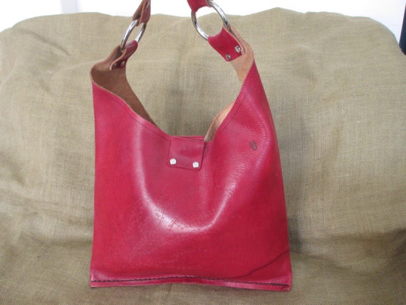 Vintage genuine red leather tote bag with by VintageLeatherPurses