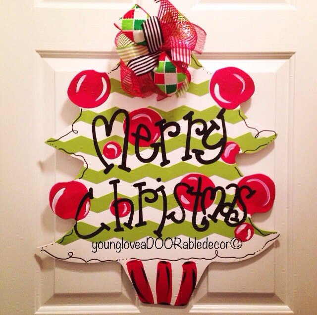 Chevron Lime Green and Red Christmas Tree door hanger 