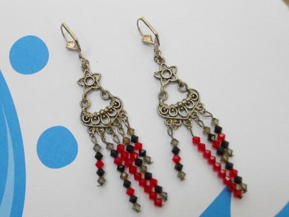 red black  earrings black chandelier and earrings pewter vintage pierced crystals chandelier  Vintage