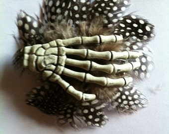Skeleton hand feather hair accessories / brooch black white