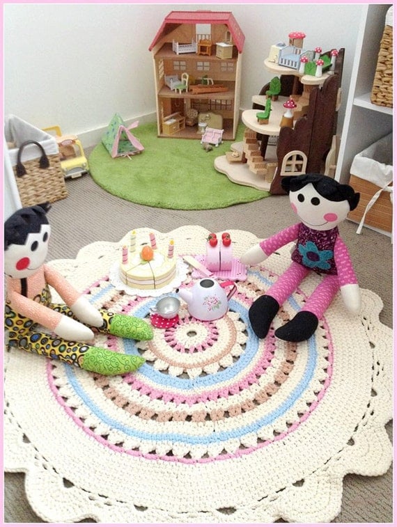 Items similar to Crochet rug, Carpet, hypoallergenic, rainbow, cream
