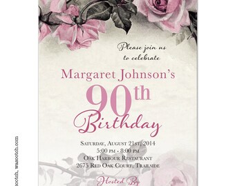 Vintage Rose Illustration Adult 90th Birthday Invitations Pink Grey Ivory Printed