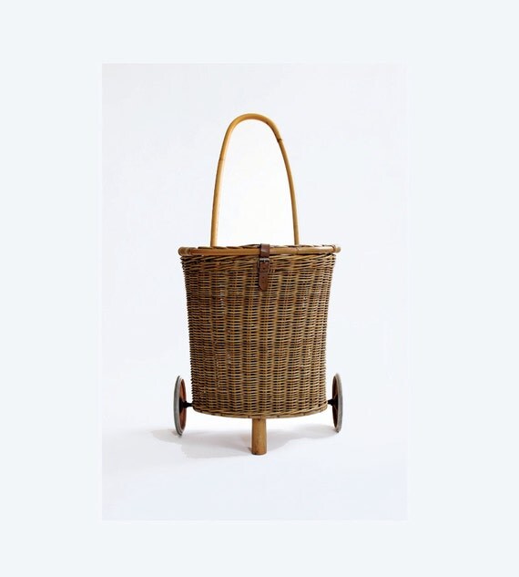Wicker Shopping Cart. Market Trolley. Wheeled Market Cart. 60s
