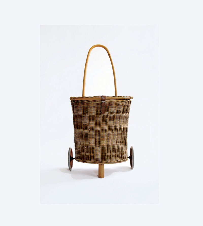Wicker Shopping Cart. Market Trolley. Wheeled Market Cart. 60s