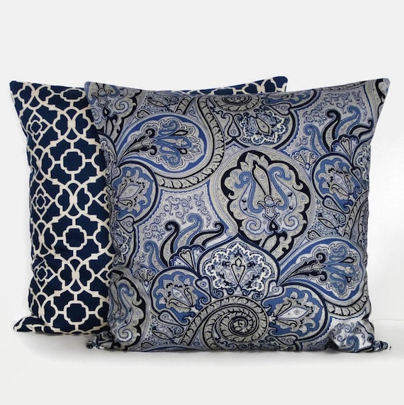 Sale Navy Blue Throw Pillow Cover Paisley Ivory 16x16 Lapis