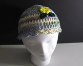 SALE - Watercolor Crochet Beanie Hat with Scallop edging and Yellow Flower