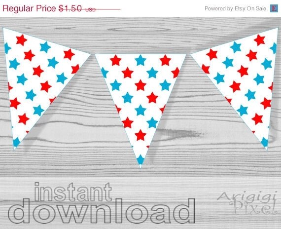 ON SALE 50 % OFF July 4th printable banner, stars pattern, light blue, red, white, patriotic holidays, Diy garland, instant download Il_570xn